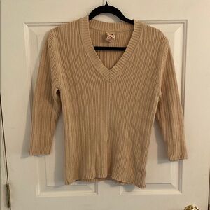 Beige V-Neck Ribbed Sweater